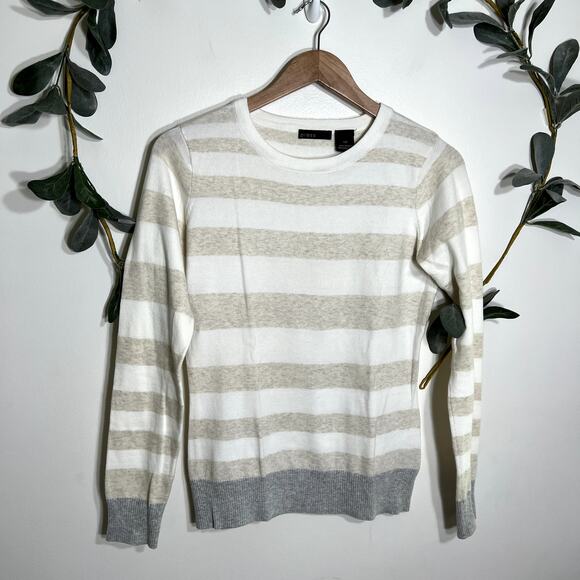 Press White and Tan Striped Crew Neck Sweater - Picture 1 of 4